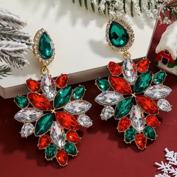 New year Christmas holiday party red green white crystal Crystal Drop Earrings - Picture 5 of 6